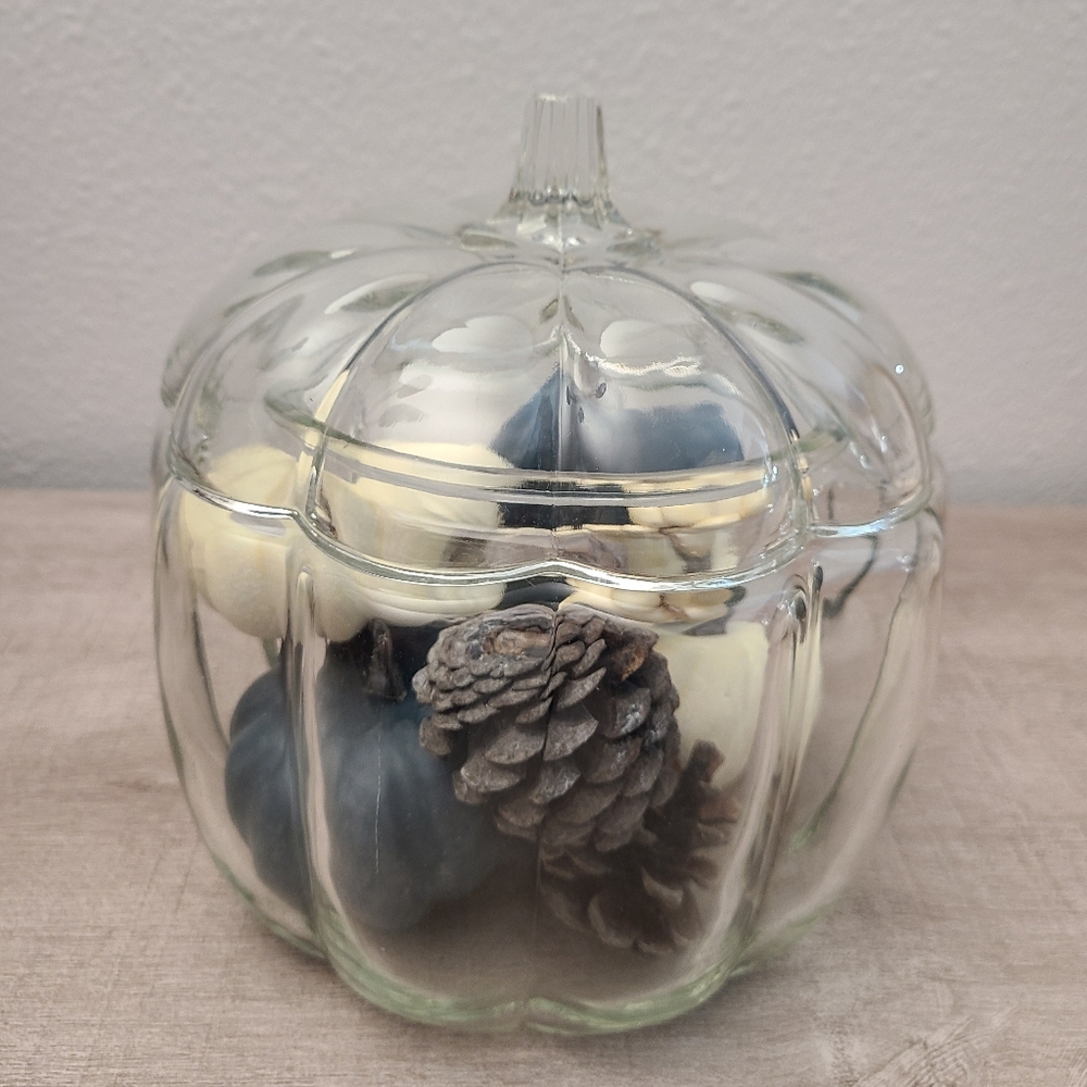 Cute Clear Crystal Glass Pumpkin Dish Canister Fall Jar Decor